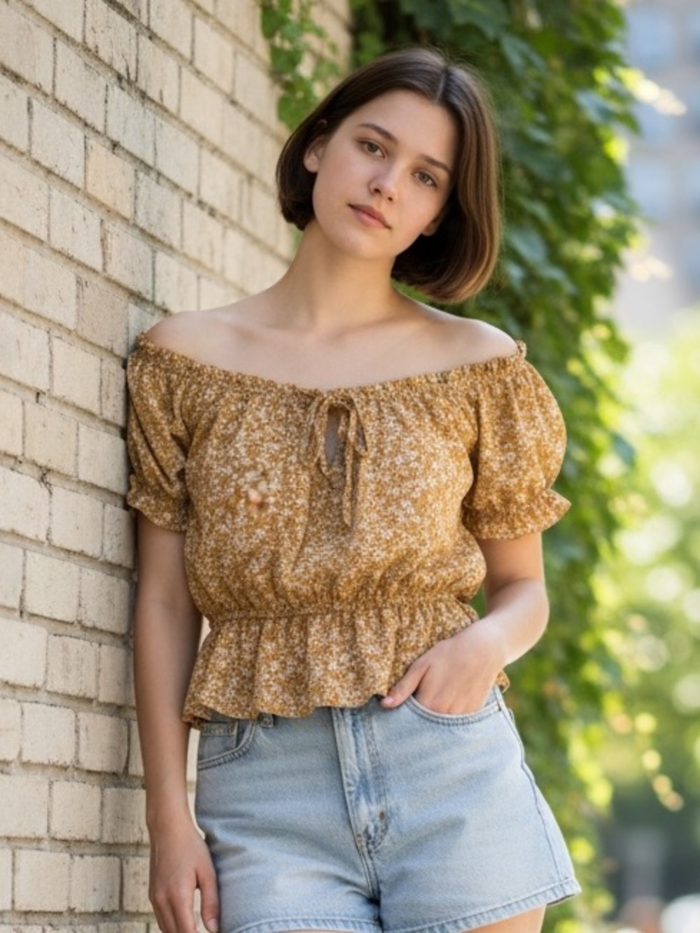 one clothing Mustard Floral Off-Shoulder Peplum Blouse